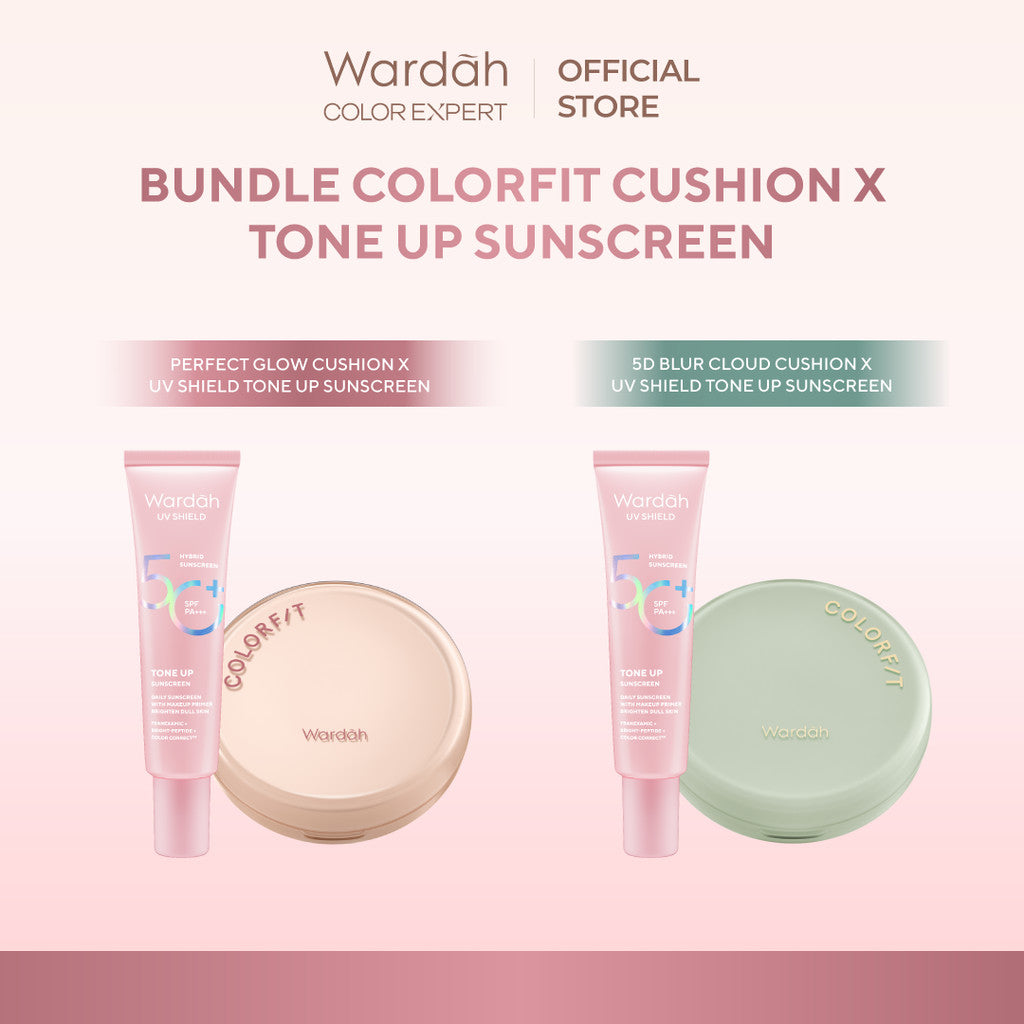 WARDAH Paket UV Shield Tone Up Sunscreen SPF 50+ PA+++ 30 ml + Colorfit Perfect Glow Cushion 15 g - Colorfit 5D Blur Cloud Cushion Matte Finish Tahan Lama Hingga 18 Jam dengan SPF 50 PA Skincare - Tahan Lama dengan Bedak
