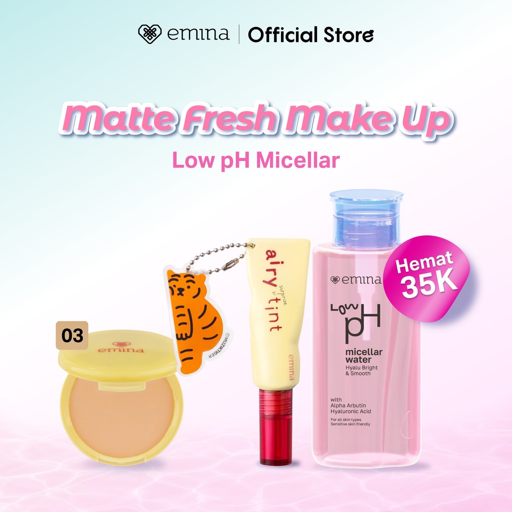 New! Emina 3in1 Set Makeup Lengkap - Emina Low pH Hyalubright Micellar Water + Compact Powder Bedak Padat Matte Finish, Airy Surprise Tint - Compact Powder, Bedak Padat, Matte, Cleanser, Micellar Water, Lip Tint