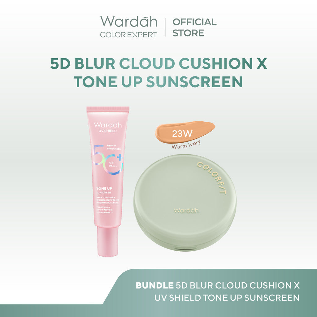 WARDAH Paket UV Shield Tone Up Sunscreen SPF 50+ PA+++ 30 ml + Colorfit Perfect Glow Cushion 15 g - Colorfit 5D Blur Cloud Cushion Matte Finish Tahan Lama Hingga 18 Jam dengan SPF 50 PA Skincare - Tahan Lama dengan Bedak