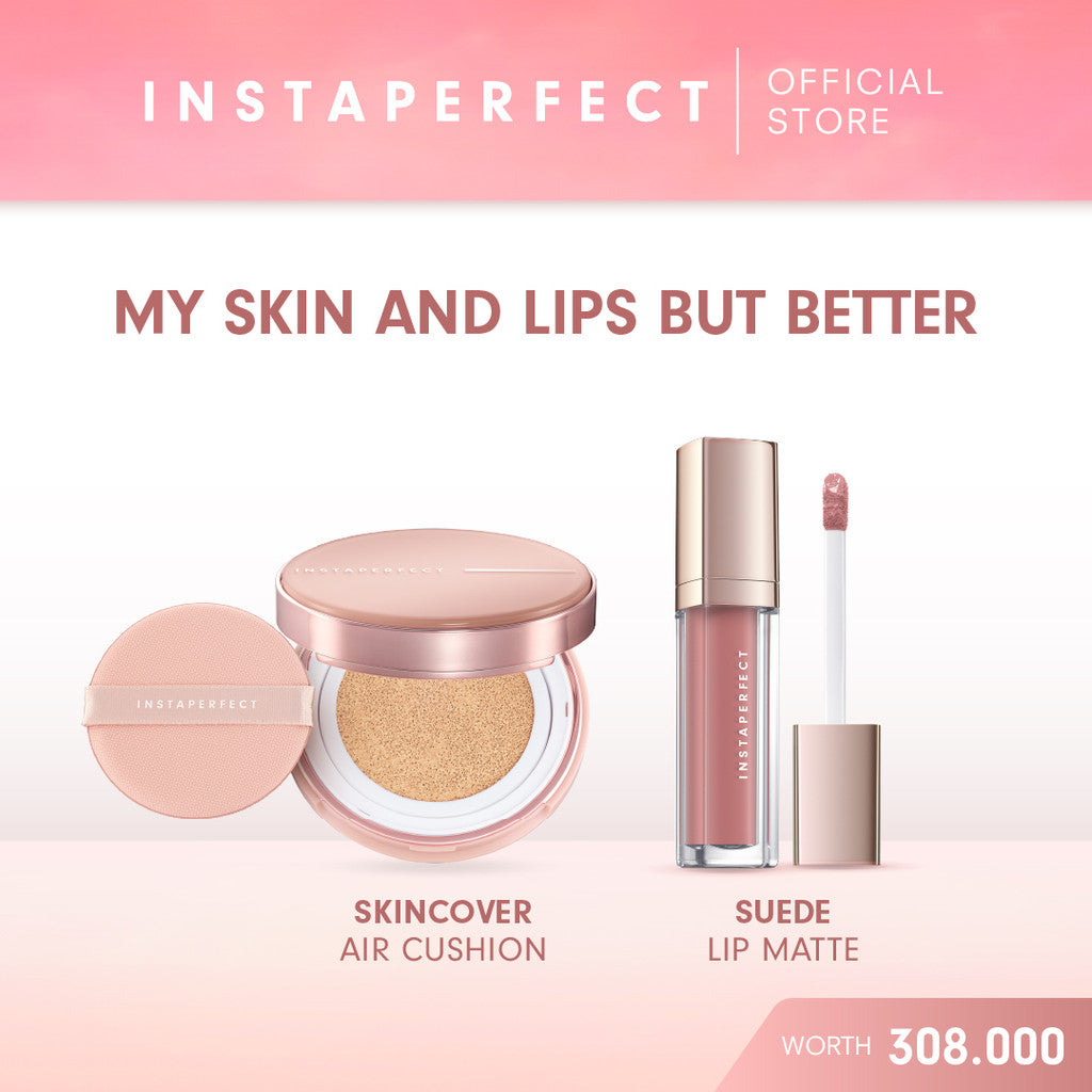 My Skin and Lips But Better Bundle Instaperfect Skincover Air Cushion + Suede Lip Matte- MLBB Nude Lip Cream, Cover Blurry, Transfer Resistant- Semi Matte Finish Cushion- Paket Make Up