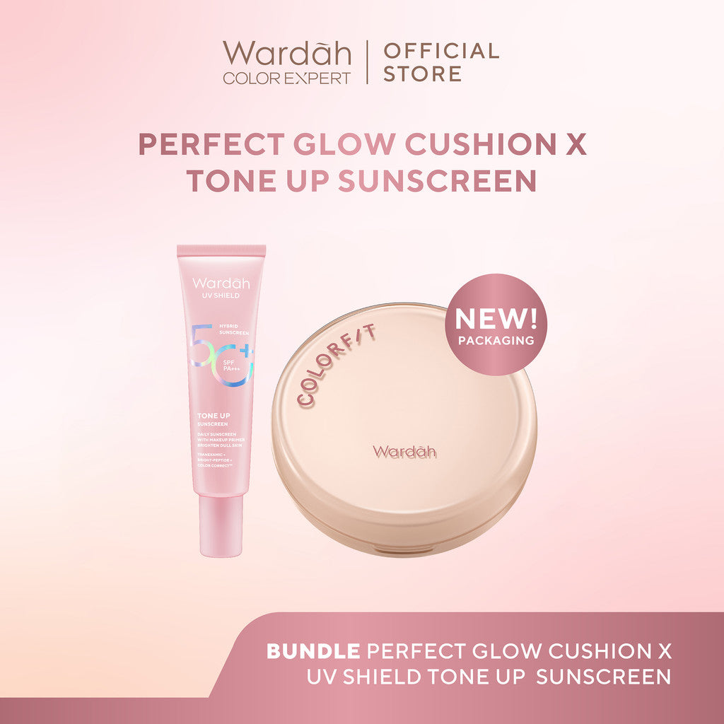 WARDAH Paket UV Shield Tone Up Sunscreen SPF 50+ PA+++ 30 ml + Colorfit Perfect Glow Cushion 15 g - Colorfit 5D Blur Cloud Cushion Matte Finish Tahan Lama Hingga 18 Jam dengan SPF 50 PA Skincare - Tahan Lama dengan Bedak