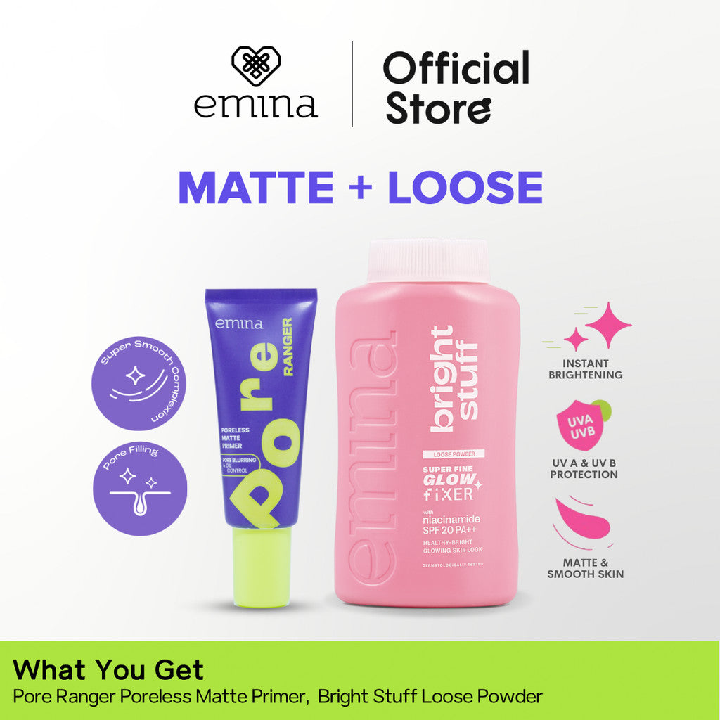Emina Glow & Fresh - Emina Primer Pore Ranger Total Poreless, Pore Ranger Blur Hydraglow, Loose Powder, Daily Matte Cushion, FREE Bright Stuff Micellar Water 50ml - Blurring, Smooth, Make Up lebih tahan lama