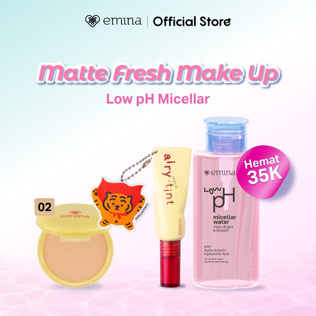 New! Emina 3in1 Set Makeup Lengkap - Emina Low pH Hyalubright Micellar Water + Compact Powder Bedak Padat Matte Finish, Airy Surprise Tint - Compact Powder, Bedak Padat, Matte, Cleanser, Micellar Water, Lip Tint