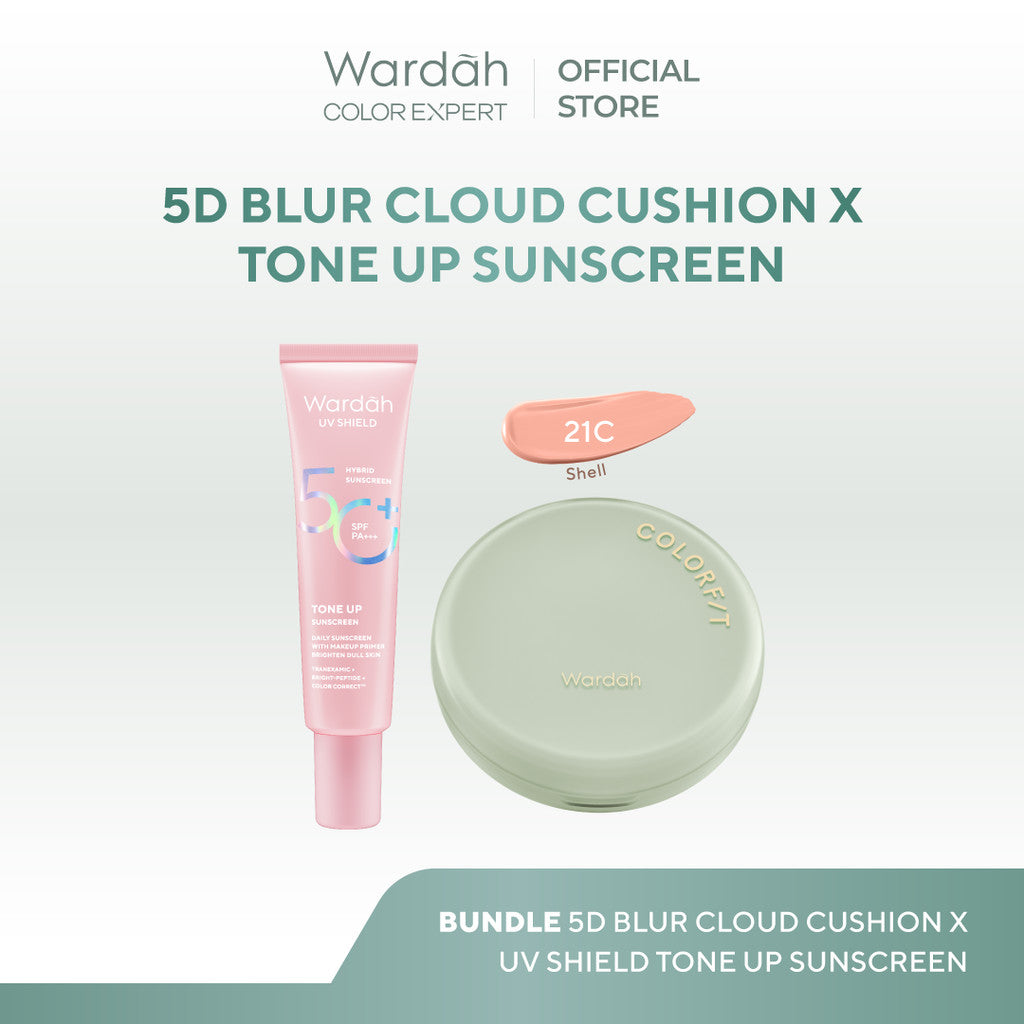 WARDAH Paket UV Shield Tone Up Sunscreen SPF 50+ PA+++ 30 ml + Colorfit Perfect Glow Cushion 15 g - Colorfit 5D Blur Cloud Cushion Matte Finish Tahan Lama Hingga 18 Jam dengan SPF 50 PA Skincare - Tahan Lama dengan Bedak