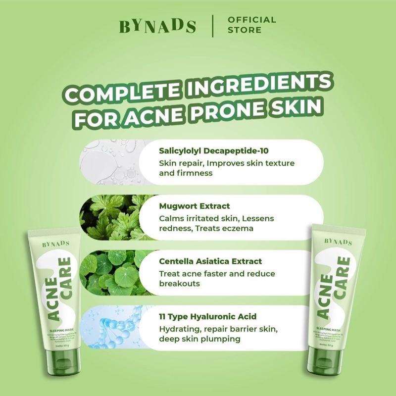 [2PCS] Bynads Acne Care Sleeping Mask with Salicyloyl Decapeptide-10 3in1 SleepingMask Moisturizer Wash Off Mask Pelembab Bynads