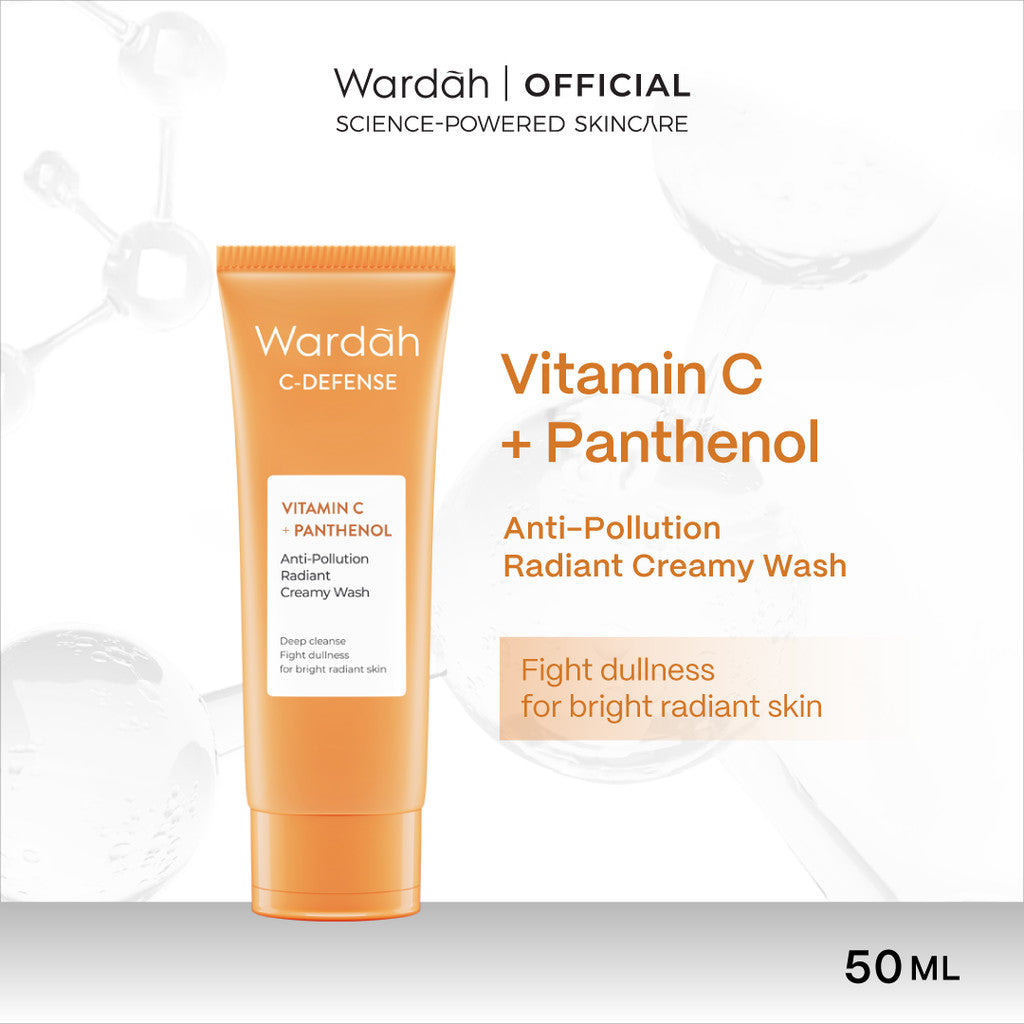 WARDAH C-Defense Vitamin C All Series Lengkap - Panthenol Anti-Pollution Radiant Creamy Wash, Energizing Whip Foam, Mousse Moisturizer, DD Cream Light/Natural, Face Mist, 10% Ferulic Acid Radiant Charge Serum - Skincare