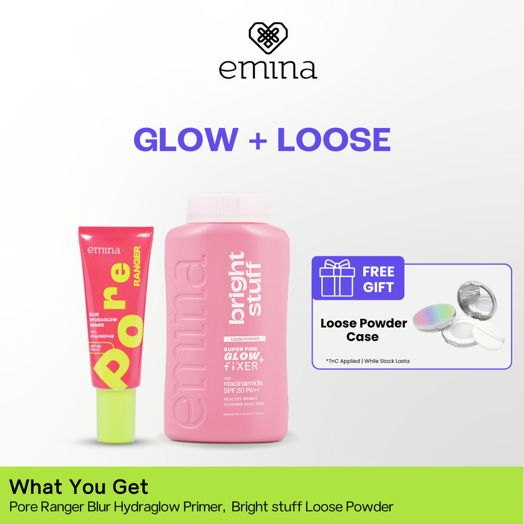 Emina Glow & Fresh - Emina Primer Pore Ranger Total Poreless, Pore Ranger Blur Hydraglow, Loose Powder, Daily Matte Cushion, FREE Bright Stuff Micellar Water 50ml - Blurring, Smooth, Make Up lebih tahan lama