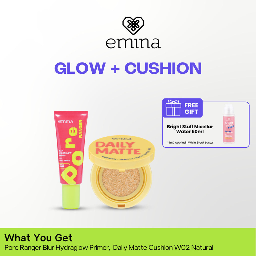 Emina Glow & Fresh - Emina Primer Pore Ranger Total Poreless, Pore Ranger Blur Hydraglow, Loose Powder, Daily Matte Cushion, FREE Bright Stuff Micellar Water 50ml - Blurring, Smooth, Make Up lebih tahan lama