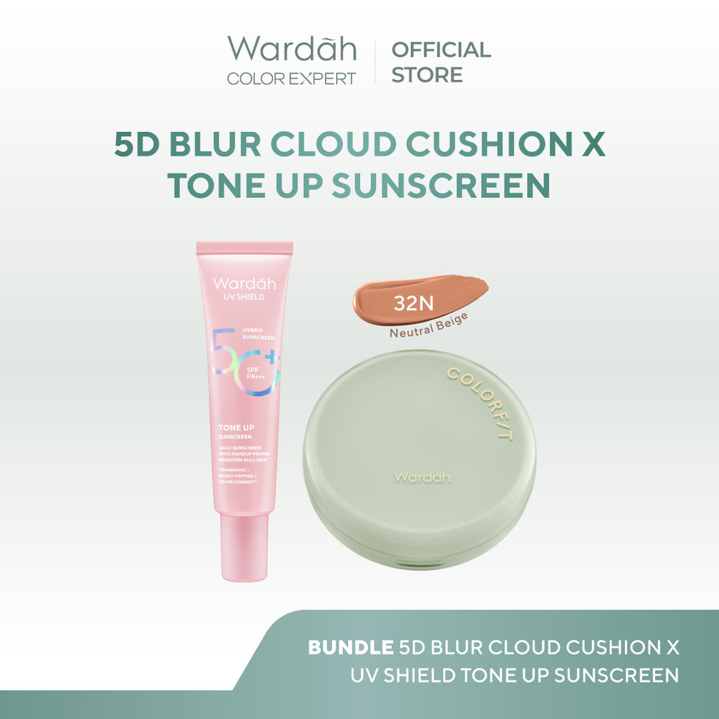WARDAH Paket UV Shield Tone Up Sunscreen SPF 50+ PA+++ 30 ml + Colorfit Perfect Glow Cushion 15 g - Colorfit 5D Blur Cloud Cushion Matte Finish Tahan Lama Hingga 18 Jam dengan SPF 50 PA Skincare - Tahan Lama dengan Bedak