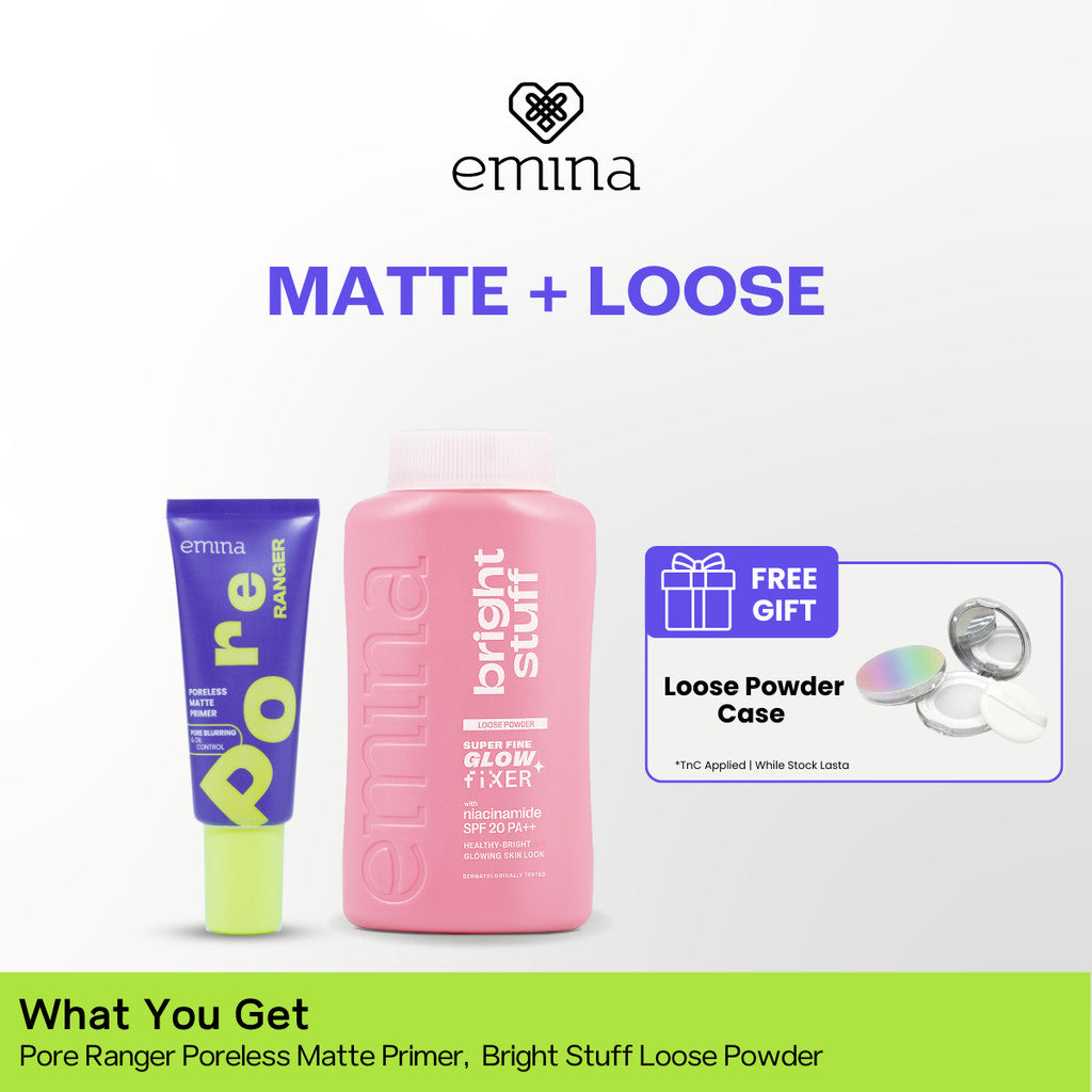 Emina Glow & Fresh - Emina Primer Pore Ranger Total Poreless, Pore Ranger Blur Hydraglow, Loose Powder, Daily Matte Cushion, FREE Bright Stuff Micellar Water 50ml - Blurring, Smooth, Make Up lebih tahan lama