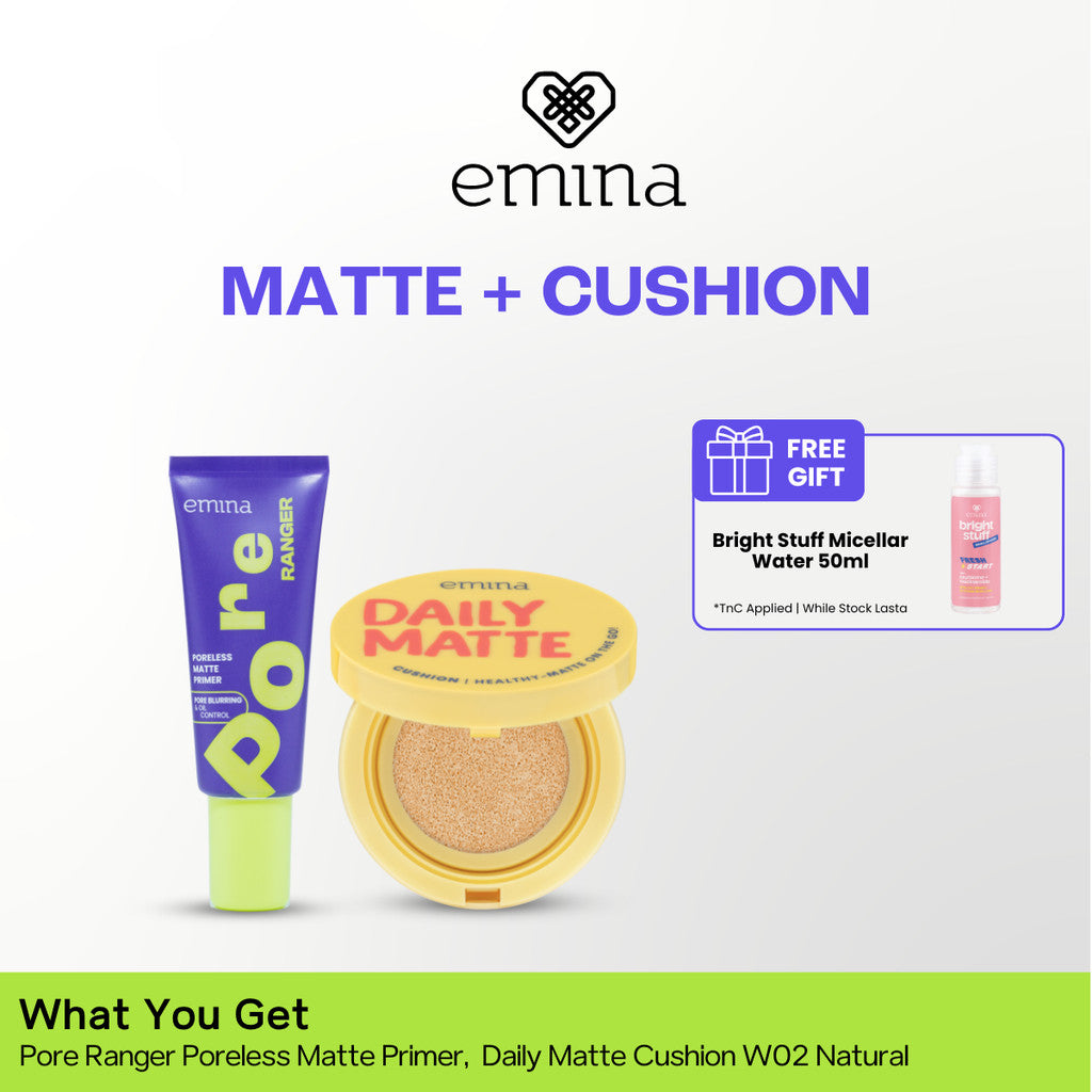 Emina Glow & Fresh - Emina Primer Pore Ranger Total Poreless, Pore Ranger Blur Hydraglow, Loose Powder, Daily Matte Cushion, FREE Bright Stuff Micellar Water 50ml - Blurring, Smooth, Make Up lebih tahan lama