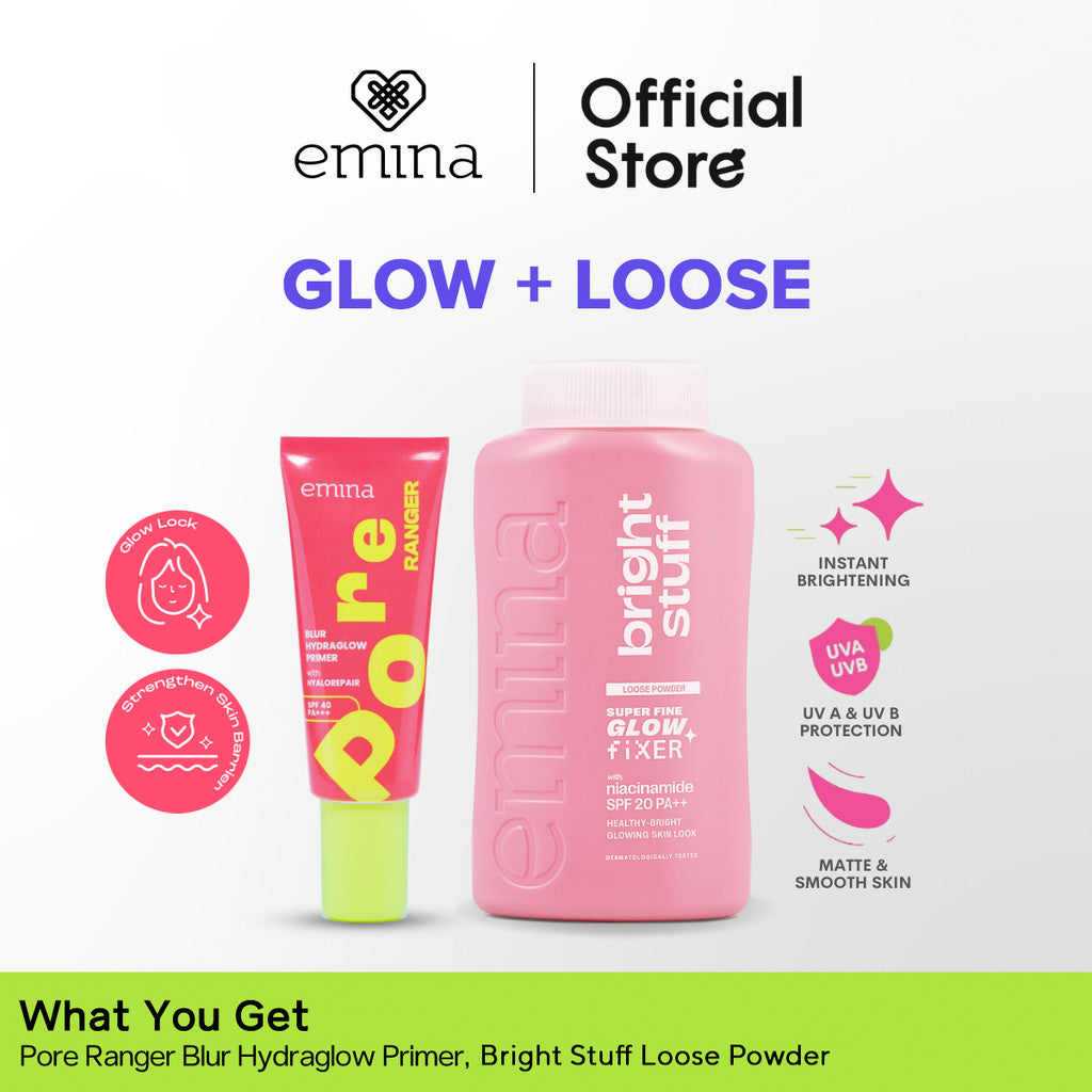 Emina Glow & Fresh - Emina Primer Pore Ranger Total Poreless, Pore Ranger Blur Hydraglow, Loose Powder, Daily Matte Cushion, FREE Bright Stuff Micellar Water 50ml - Blurring, Smooth, Make Up lebih tahan lama