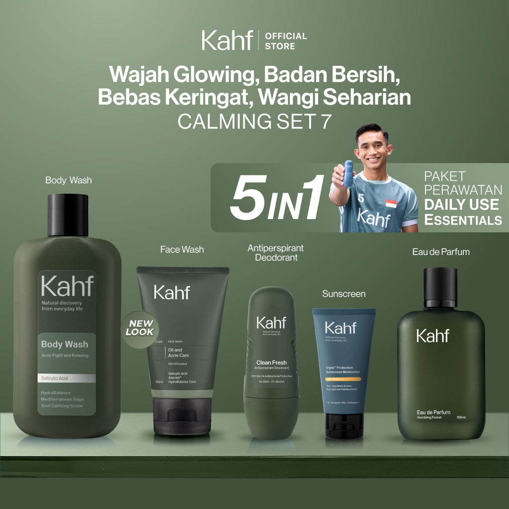 [KAHF BUNDLE 5IN1 PAKET PERAWATAN DAILY USE ESSENTIALS : WAJAH GLOWING, BADAN BERSIH, BEBAS KERINGAT, & WANGI SEHARIAN] Paket Personal Care (Face Wash + Sunscreen + Body Wash + Deodorant + Eau de Toilette) - Suitable for Daily Use