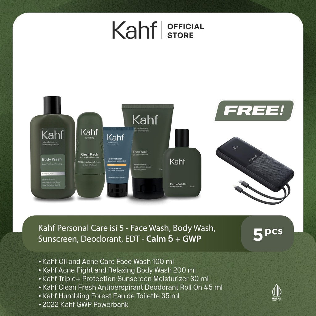 [KAHF BUNDLE 5IN1 PAKET PERAWATAN DAILY USE ESSENTIALS : WAJAH GLOWING, BADAN BERSIH, BEBAS KERINGAT, & WANGI SEHARIAN] Paket Personal Care (Face Wash + Sunscreen + Body Wash + Deodorant + Eau de Toilette) - Suitable for Daily Use