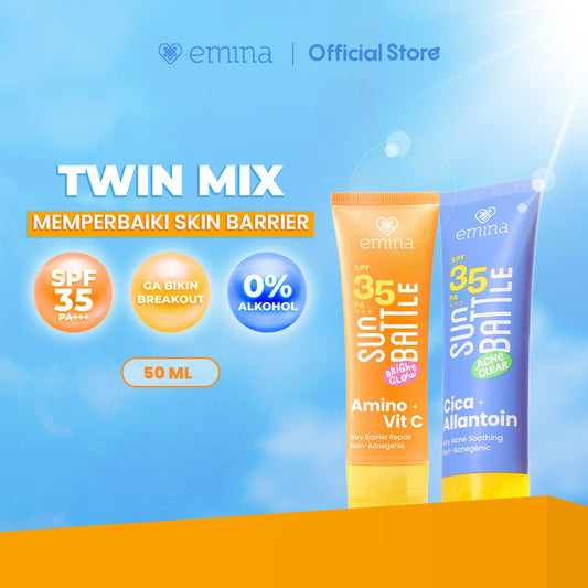 [TWIN PACK] Emina Sun Battle Bright Glow SPF 35 PA+++ 50 ml 2pcs - Paket Dua Sunscreen Serum Amino Vitamin C - Cerah, Ringan, Hydrating [Teruji In Vivo] Non acnegenic & Non Comedogenic. Cocok semua jenis kulit