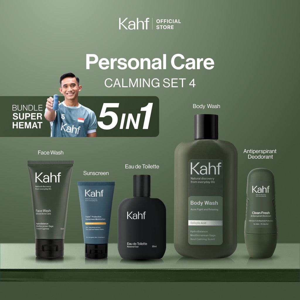 [KAHF BUNDLE 5IN1 PAKET PERAWATAN DAILY USE ESSENTIALS : WAJAH GLOWING, BADAN BERSIH, BEBAS KERINGAT, & WANGI SEHARIAN] Paket Personal Care (Face Wash + Sunscreen + Body Wash + Deodorant + Eau de Toilette) - Suitable for Daily Use