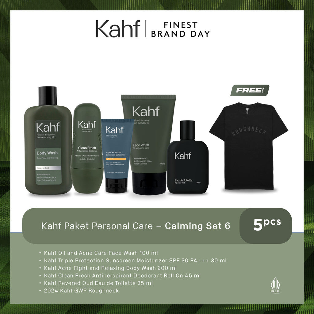 [KAHF BUNDLE 5IN1 PAKET PERAWATAN DAILY USE ESSENTIALS : WAJAH GLOWING, BADAN BERSIH, BEBAS KERINGAT, & WANGI SEHARIAN] Paket Personal Care (Face Wash + Sunscreen + Body Wash + Deodorant + Eau de Toilette) - Suitable for Daily Use