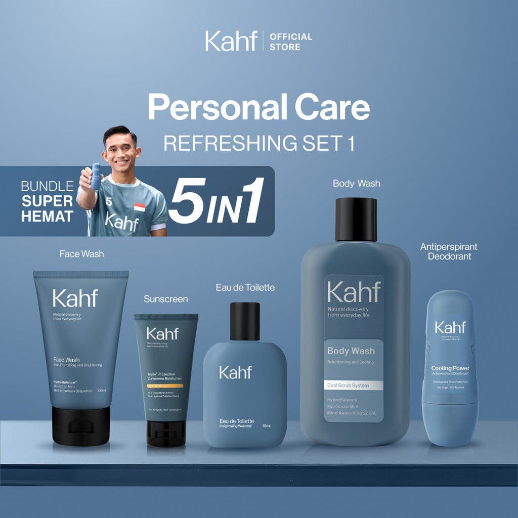 [KAHF BUNDLE 5IN1 PAKET PERAWATAN DAILY USE ESSENTIALS : WAJAH GLOWING, BADAN BERSIH, BEBAS KERINGAT, & WANGI SEHARIAN] Paket Personal Care (Face Wash + Sunscreen + Body Wash + Deodorant + Eau de Toilette) - Suitable for Daily Use