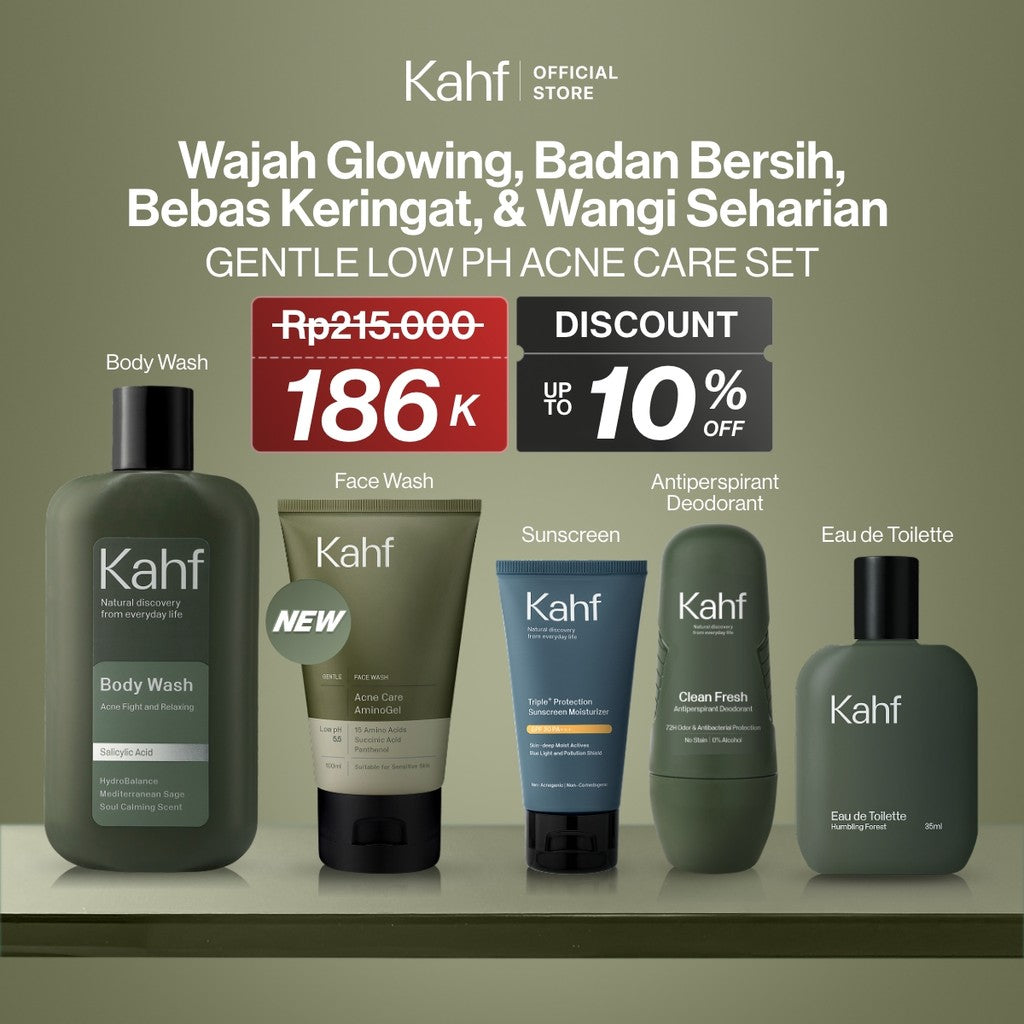 [KAHF BUNDLE 5IN1 PAKET PERAWATAN DAILY USE ESSENTIALS : WAJAH GLOWING, BADAN BERSIH, BEBAS KERINGAT, & WANGI SEHARIAN] Paket Personal Care (Face Wash + Sunscreen + Body Wash + Deodorant + Eau de Toilette) - Suitable for Daily Use