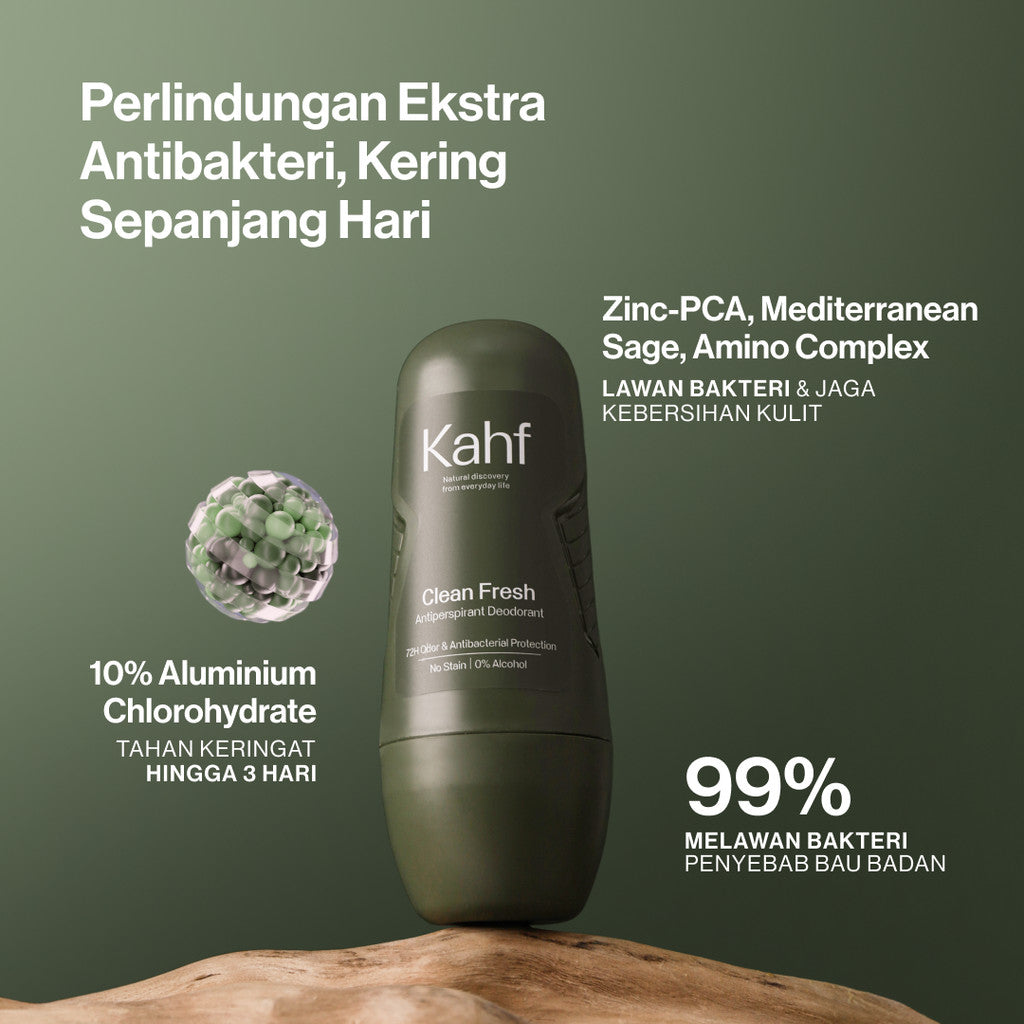 Kahf Clean Fresh Antiperspirant Deodorant Roll On 45 ml - Deodoran Pria Memberikan Perlindungan Ekstra Antibakteri, Kering Sepanjang Hari - Deo Anti Iritasi, Bebas Bau, Tahan Keringat, Wangi Seharian - Suitable for Daily Use