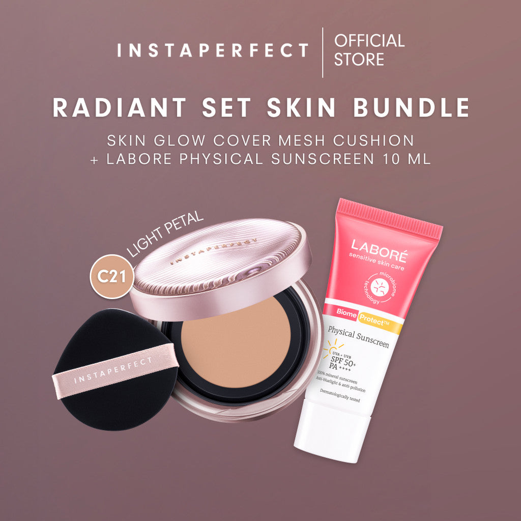 [RADIANT SET SKIN BUNDLE] Instaperfect Skin Glow Cover Mesh Cushion + Labore Physical Sunscreen SPF 50 PA++++ Travel Size 10ml - Mineral Sunscreen Wajah Non-Comedogenic- Tampilan Muka dengan High Coverage Flawless Glow- Foundation-Concealer Muka