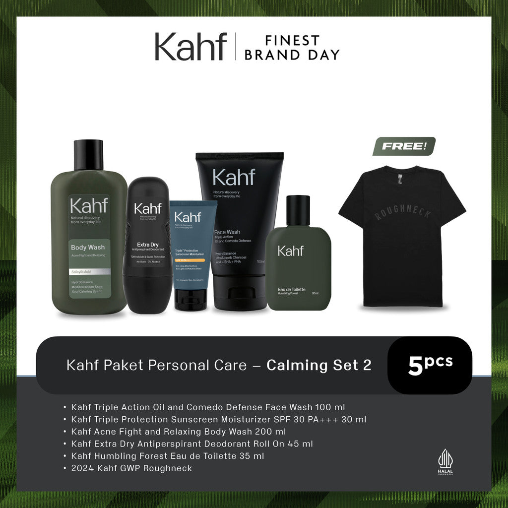 [KAHF BUNDLE 5IN1 PAKET PERAWATAN DAILY USE ESSENTIALS : WAJAH GLOWING, BADAN BERSIH, BEBAS KERINGAT, & WANGI SEHARIAN] Paket Personal Care (Face Wash + Sunscreen + Body Wash + Deodorant + Eau de Toilette) - Suitable for Daily Use
