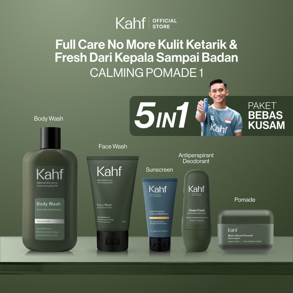 [KAHF BUNDLE 5IN1 PAKET BEBAS KUSAM : FULL CARE NO MORE KULIT KETARIK & FRESH DARI KEPALA SAMPAI BADAN] Paket Grooming (Pomade/Hair Powder + Face Wash + Sunscreen Moisturizer + Body Wash + Deodorant) - Suitable for Daily Use