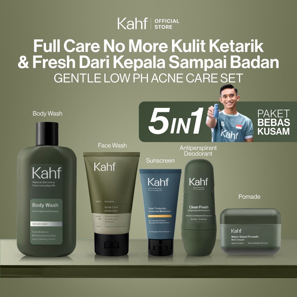 [KAHF BUNDLE 5IN1 PAKET BEBAS KUSAM : FULL CARE NO MORE KULIT KETARIK & FRESH DARI KEPALA SAMPAI BADAN] Paket Grooming (Pomade/Hair Powder + Face Wash + Sunscreen Moisturizer + Body Wash + Deodorant) - Suitable for Daily Use