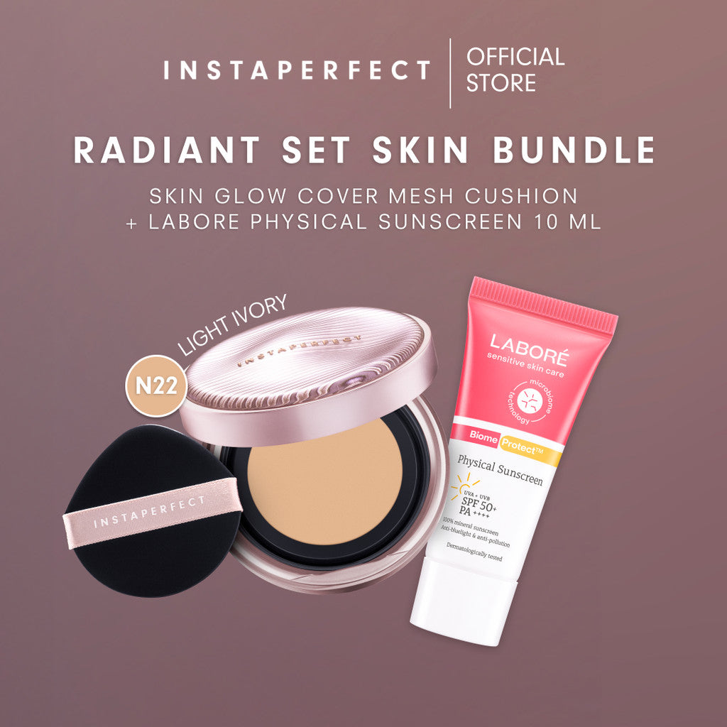 [RADIANT SET SKIN BUNDLE] Instaperfect Skin Glow Cover Mesh Cushion + Labore Physical Sunscreen SPF 50 PA++++ Travel Size 10ml - Mineral Sunscreen Wajah Non-Comedogenic- Tampilan Muka dengan High Coverage Flawless Glow- Foundation-Concealer Muka