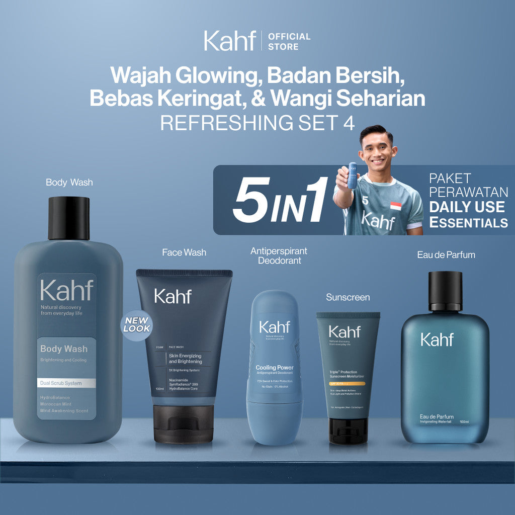 [KAHF BUNDLE 5IN1 PAKET PERAWATAN DAILY USE ESSENTIALS : WAJAH GLOWING, BADAN BERSIH, BEBAS KERINGAT, & WANGI SEHARIAN] Paket Personal Care (Face Wash + Sunscreen + Body Wash + Deodorant + Eau de Toilette) - Suitable for Daily Use
