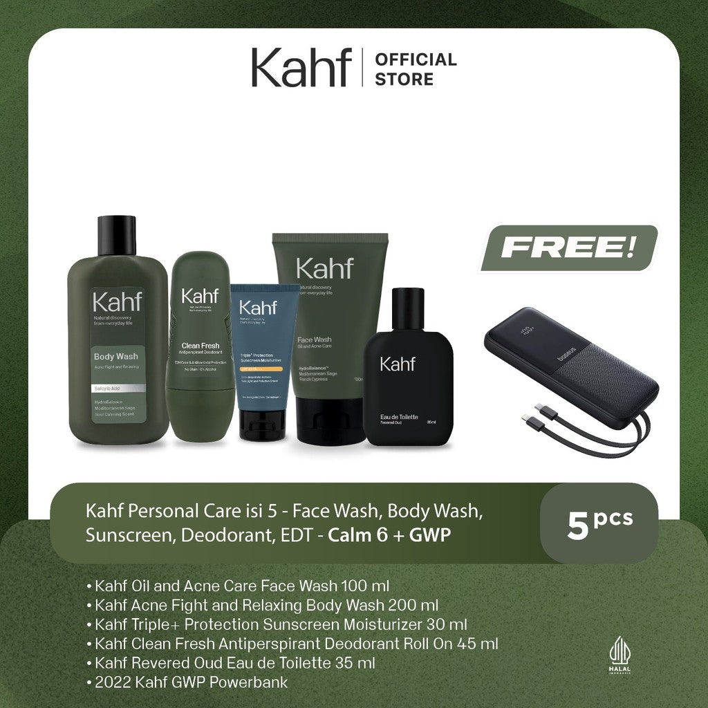 [KAHF BUNDLE 5IN1 PAKET PERAWATAN DAILY USE ESSENTIALS : WAJAH GLOWING, BADAN BERSIH, BEBAS KERINGAT, & WANGI SEHARIAN] Paket Personal Care (Face Wash + Sunscreen + Body Wash + Deodorant + Eau de Toilette) - Suitable for Daily Use