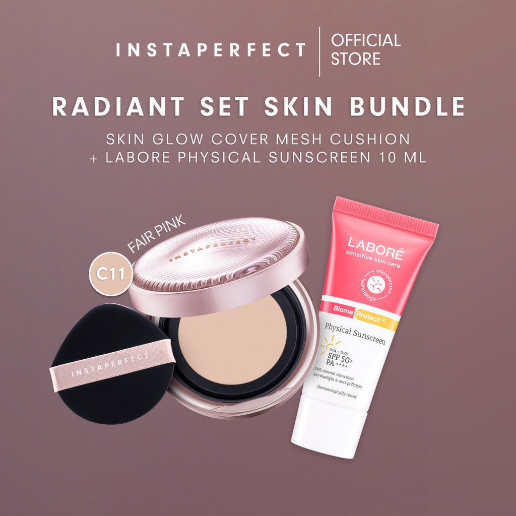 [RADIANT SET SKIN BUNDLE] Instaperfect Skin Glow Cover Mesh Cushion + Labore Physical Sunscreen SPF 50 PA++++ Travel Size 10ml - Mineral Sunscreen Wajah Non-Comedogenic- Tampilan Muka dengan High Coverage Flawless Glow- Foundation-Concealer Muka