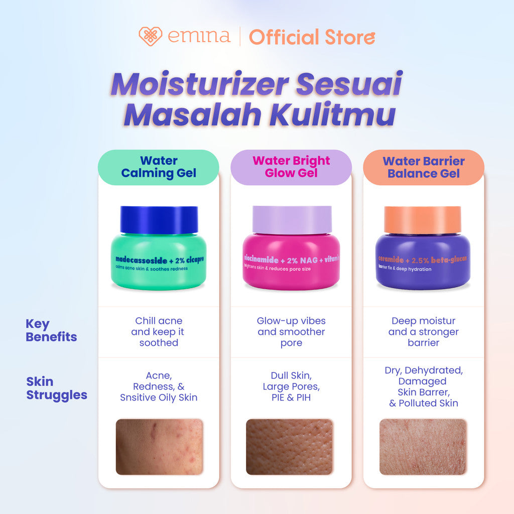 [SPECIAL 11.11] Emina Water Bright Glow Gel Moisturizer 30g | Mencerahkan & Mengurangi Flek Hitam, Kulit Glowing, Meratakan Warna Kulit, Pelembab Seringan Air, Mengandung Niacinamide, Vitamin C