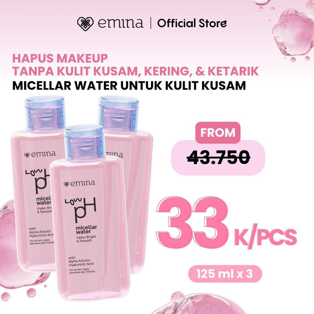 [SPECIAL 11.11] Emina Low pH Micellar Water Complete Series - Kering dan Kusam, Berminyak dan Berjerawat, Kulit Sensitif 125ml & 300ml | Pembersih Wajah Gentle Makeup Remover Double Cleansing Acne Skin Mencerahkan Menghaluskan Brightening Glowing