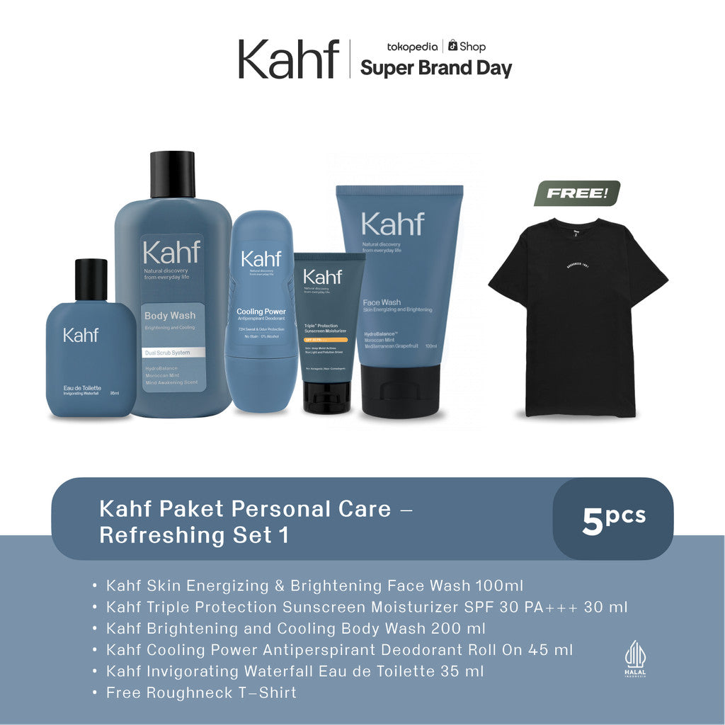 [KAHF BUNDLE 5IN1 PAKET PERAWATAN DAILY USE ESSENTIALS : WAJAH GLOWING, BADAN BERSIH, BEBAS KERINGAT, & WANGI SEHARIAN] Paket Personal Care (Face Wash + Sunscreen + Body Wash + Deodorant + Eau de Toilette) - Suitable for Daily Use