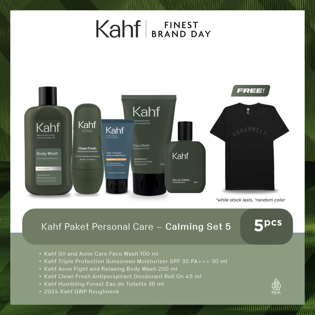 [KAHF BUNDLE 5IN1 PAKET PERAWATAN DAILY USE ESSENTIALS : WAJAH GLOWING, BADAN BERSIH, BEBAS KERINGAT, & WANGI SEHARIAN] Paket Personal Care (Face Wash + Sunscreen + Body Wash + Deodorant + Eau de Toilette) - Suitable for Daily Use