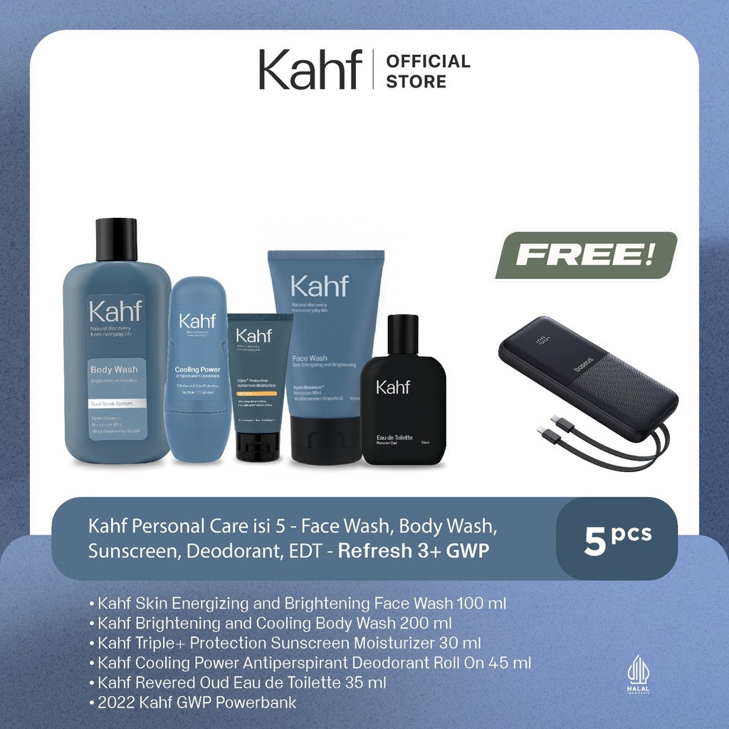 [KAHF BUNDLE 5IN1 PAKET PERAWATAN DAILY USE ESSENTIALS : WAJAH GLOWING, BADAN BERSIH, BEBAS KERINGAT, & WANGI SEHARIAN] Paket Personal Care (Face Wash + Sunscreen + Body Wash + Deodorant + Eau de Toilette) - Suitable for Daily Use