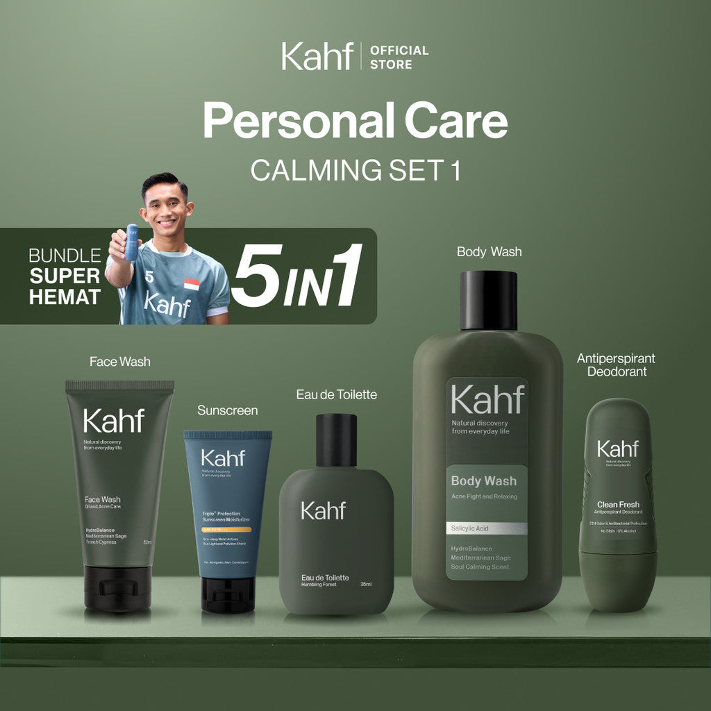 [KAHF BUNDLE 5IN1 PAKET PERAWATAN DAILY USE ESSENTIALS : WAJAH GLOWING, BADAN BERSIH, BEBAS KERINGAT, & WANGI SEHARIAN] Paket Personal Care (Face Wash + Sunscreen + Body Wash + Deodorant + Eau de Toilette) - Suitable for Daily Use