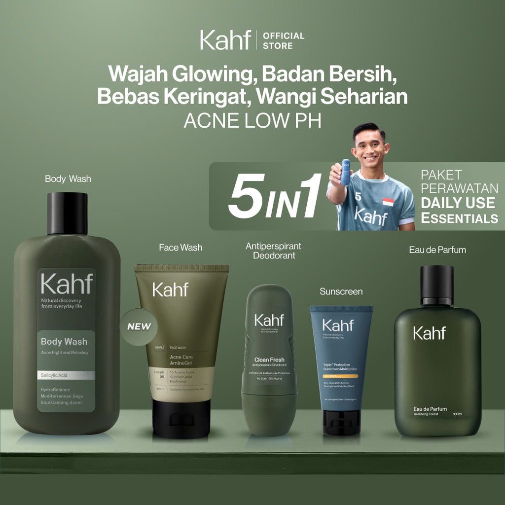 [KAHF BUNDLE 5IN1 PAKET PERAWATAN DAILY USE ESSENTIALS : WAJAH GLOWING, BADAN BERSIH, BEBAS KERINGAT, & WANGI SEHARIAN] Paket Personal Care (Face Wash + Sunscreen + Body Wash + Deodorant + Eau de Toilette) - Suitable for Daily Use