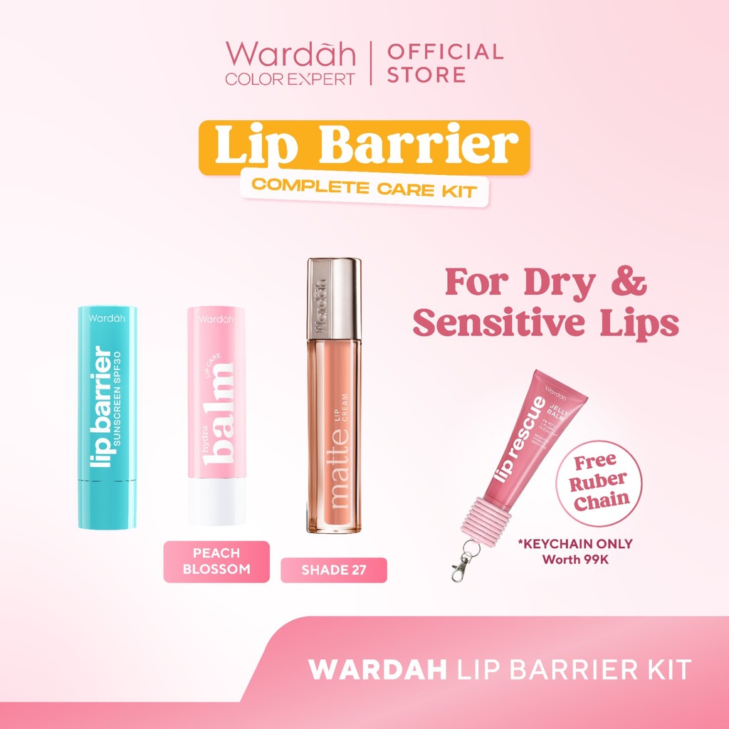 [LIMITED EDITION: 99K GET 4!] WARDAH Paket Lip Care - Hydrabalm Lip Care Peach Blossom, Lip Barrier Sunscreen SPF 30 PA+++, Lip Rescue Jelly Balm Dusty Rose FREE Rubber Keychain + BOX - Bundle Hadiah - Bundle Gifting - Bundle Self Care - Makeup