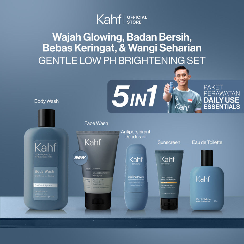 [KAHF BUNDLE 5IN1 PAKET PERAWATAN DAILY USE ESSENTIALS : WAJAH GLOWING, BADAN BERSIH, BEBAS KERINGAT, & WANGI SEHARIAN] Paket Personal Care (Face Wash + Sunscreen + Body Wash + Deodorant + Eau de Toilette) - Suitable for Daily Use
