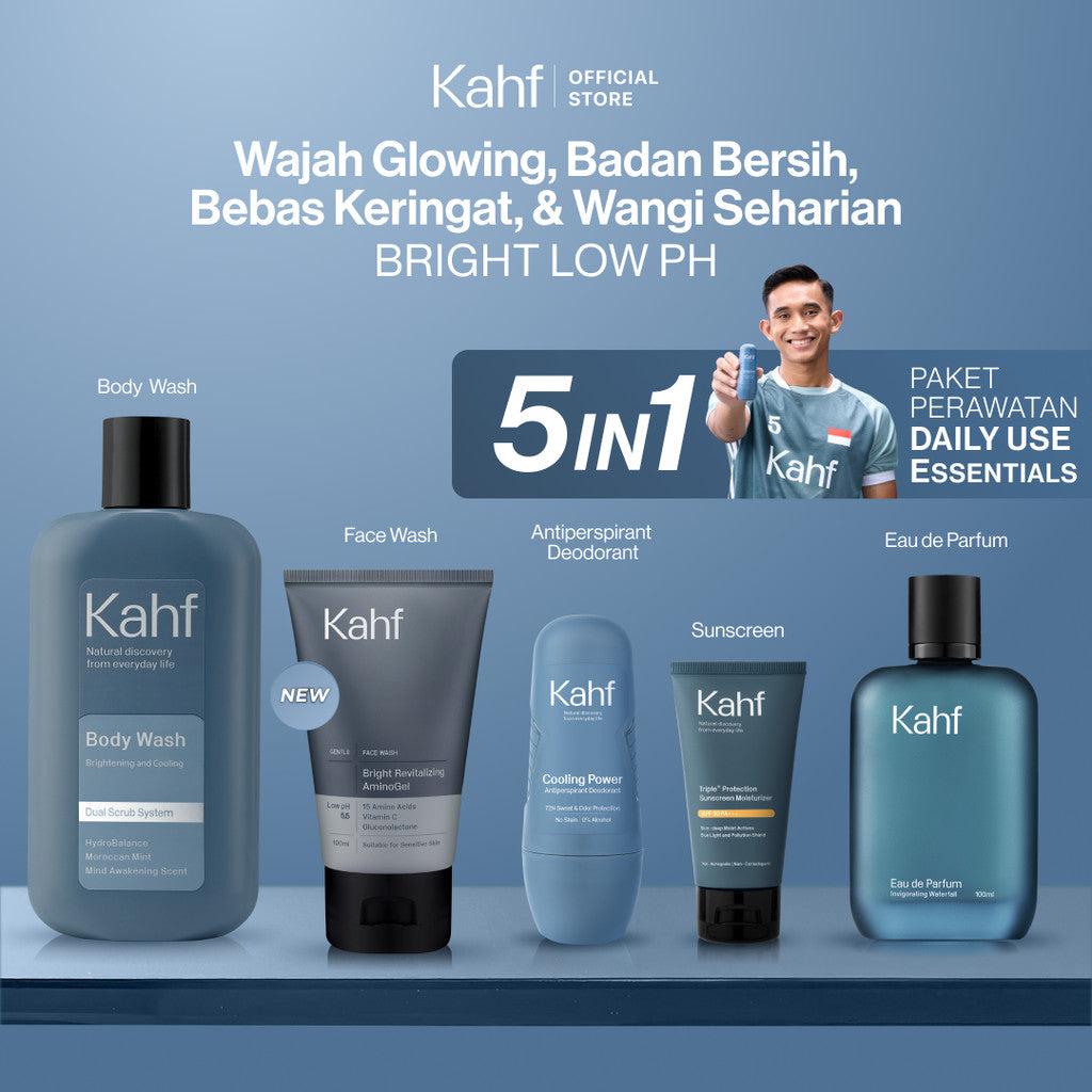[KAHF BUNDLE 5IN1 PAKET PERAWATAN DAILY USE ESSENTIALS : WAJAH GLOWING, BADAN BERSIH, BEBAS KERINGAT, & WANGI SEHARIAN] Paket Personal Care (Face Wash + Sunscreen + Body Wash + Deodorant + Eau de Toilette) - Suitable for Daily Use