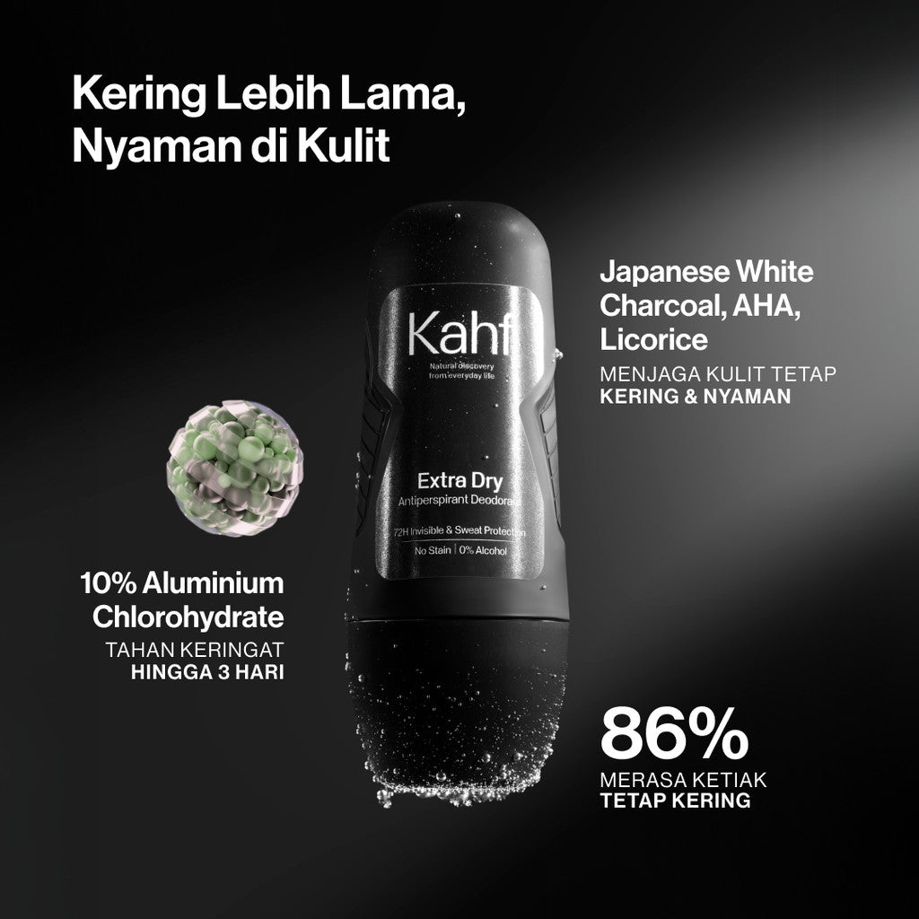 Kahf Extra Dry Antiperspirant Deodorant Roll On 45 ml - Deodoran Pria Memberikan Perlindungan dari Keringat Berlebih, Kering Lebih Lama, Nyaman di Kulit - Deo Anti Iritasi, Bebas Bau, Tahan Keringat, Wangi Seharian - Suitable for Daily Use