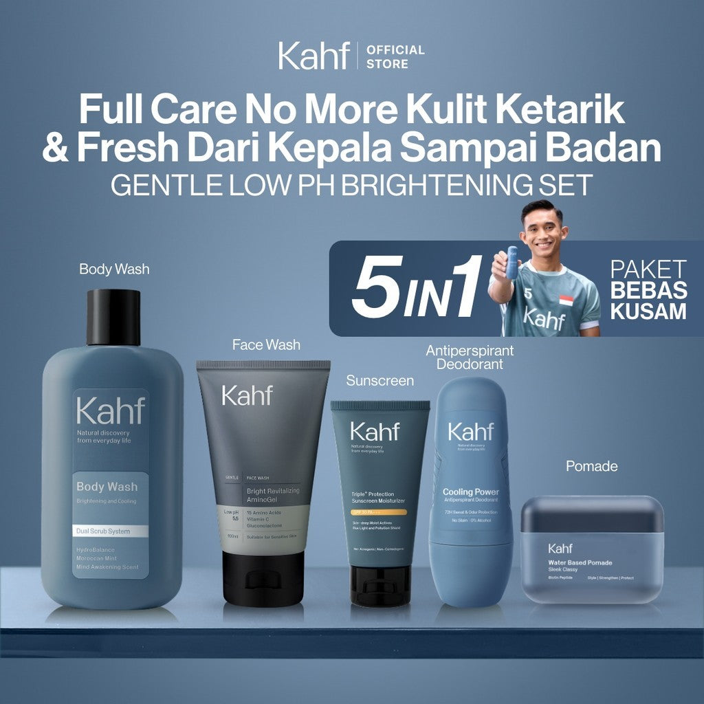 [KAHF BUNDLE 5IN1 PAKET BEBAS KUSAM : FULL CARE NO MORE KULIT KETARIK & FRESH DARI KEPALA SAMPAI BADAN] Paket Grooming (Pomade/Hair Powder + Face Wash + Sunscreen Moisturizer + Body Wash + Deodorant) - Suitable for Daily Use