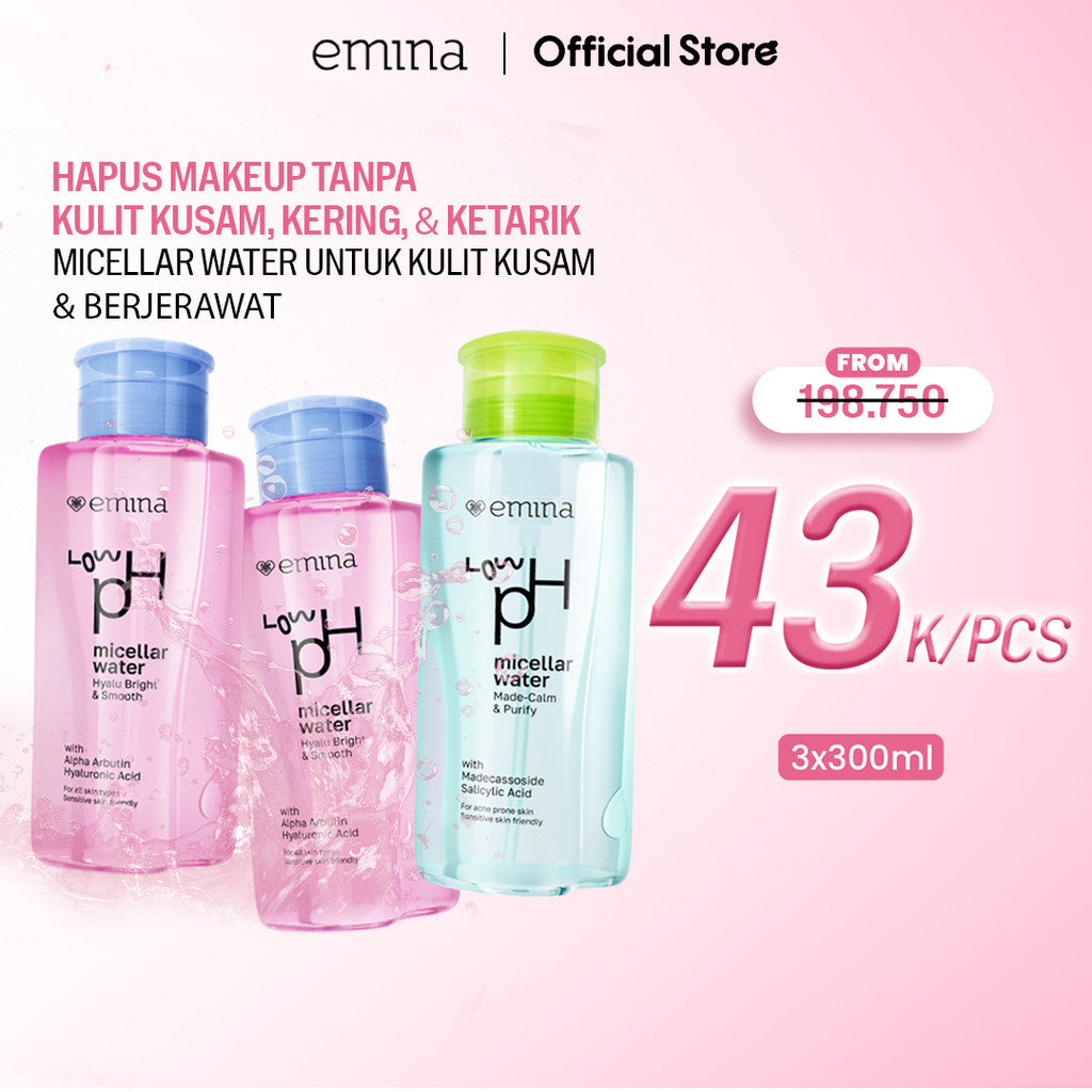 [SPECIAL 11.11] Emina Low pH Micellar Water Complete Series - Kering dan Kusam, Berminyak dan Berjerawat, Kulit Sensitif 125ml & 300ml | Pembersih Wajah Gentle Makeup Remover Double Cleansing Acne Skin Mencerahkan Menghaluskan Brightening Glowing