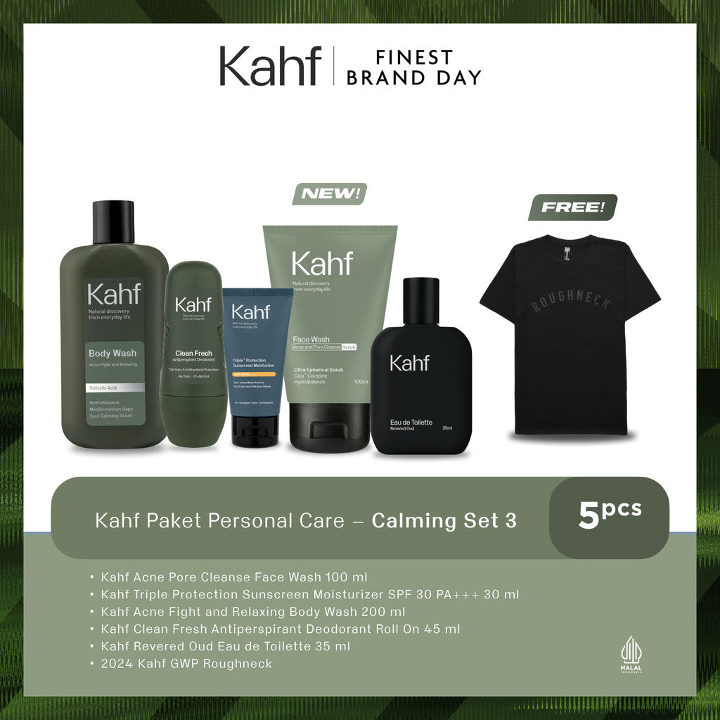 [KAHF BUNDLE 5IN1 PAKET PERAWATAN DAILY USE ESSENTIALS : WAJAH GLOWING, BADAN BERSIH, BEBAS KERINGAT, & WANGI SEHARIAN] Paket Personal Care (Face Wash + Sunscreen + Body Wash + Deodorant + Eau de Toilette) - Suitable for Daily Use