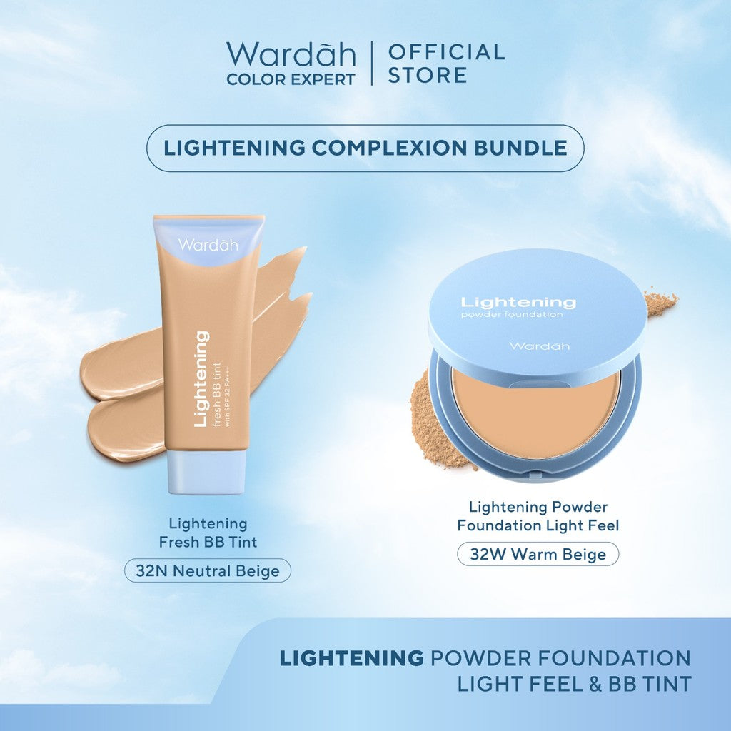 WARDAH Paket Lightening Powder Foundation Light Feel 12 g + Lightening Fresh BB Tint 30 ml - Makeup - Cocok dengan Cushion