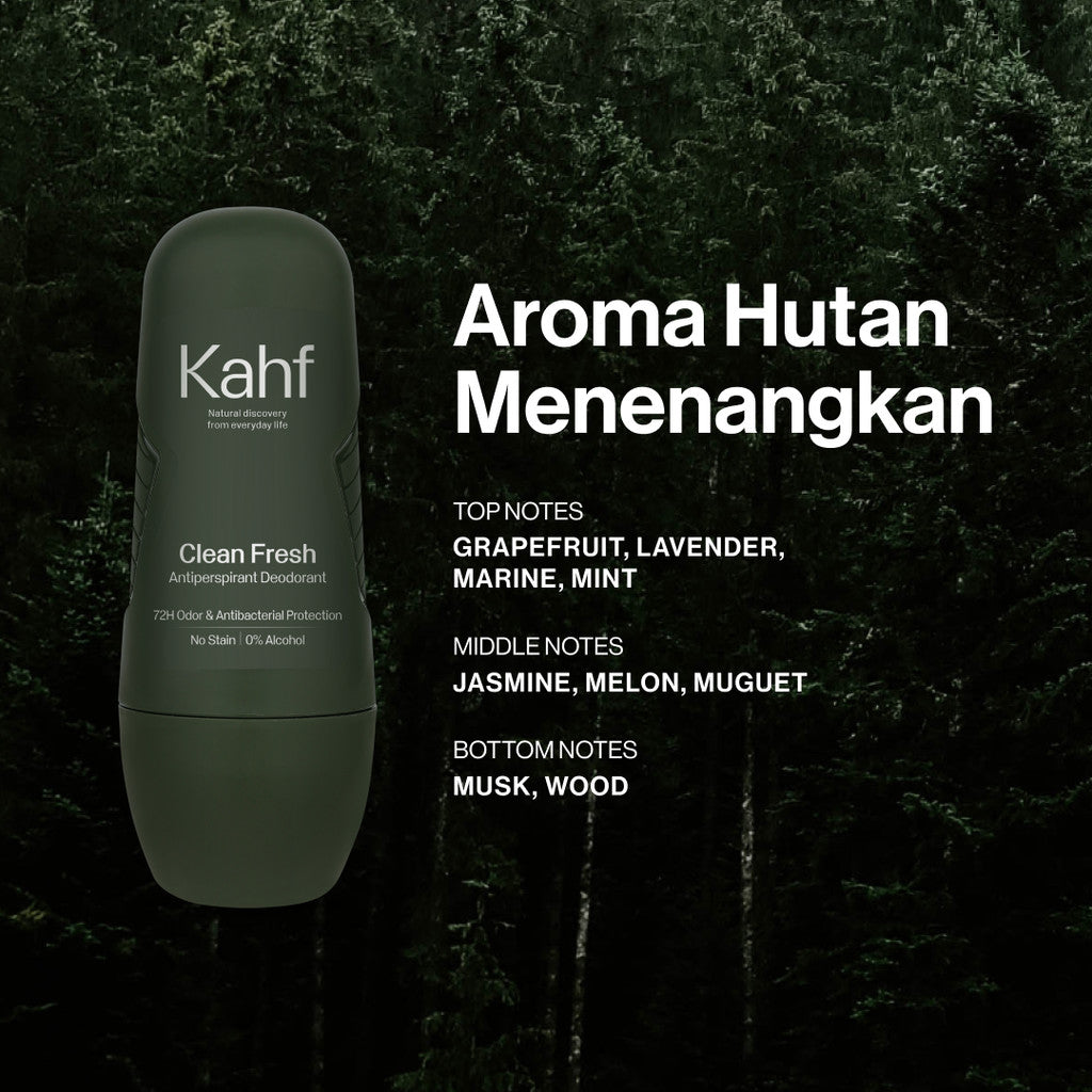 Kahf Clean Fresh Antiperspirant Deodorant Roll On 45 ml - Deodoran Pria Memberikan Perlindungan Ekstra Antibakteri, Kering Sepanjang Hari - Deo Anti Iritasi, Bebas Bau, Tahan Keringat, Wangi Seharian - Suitable for Daily Use