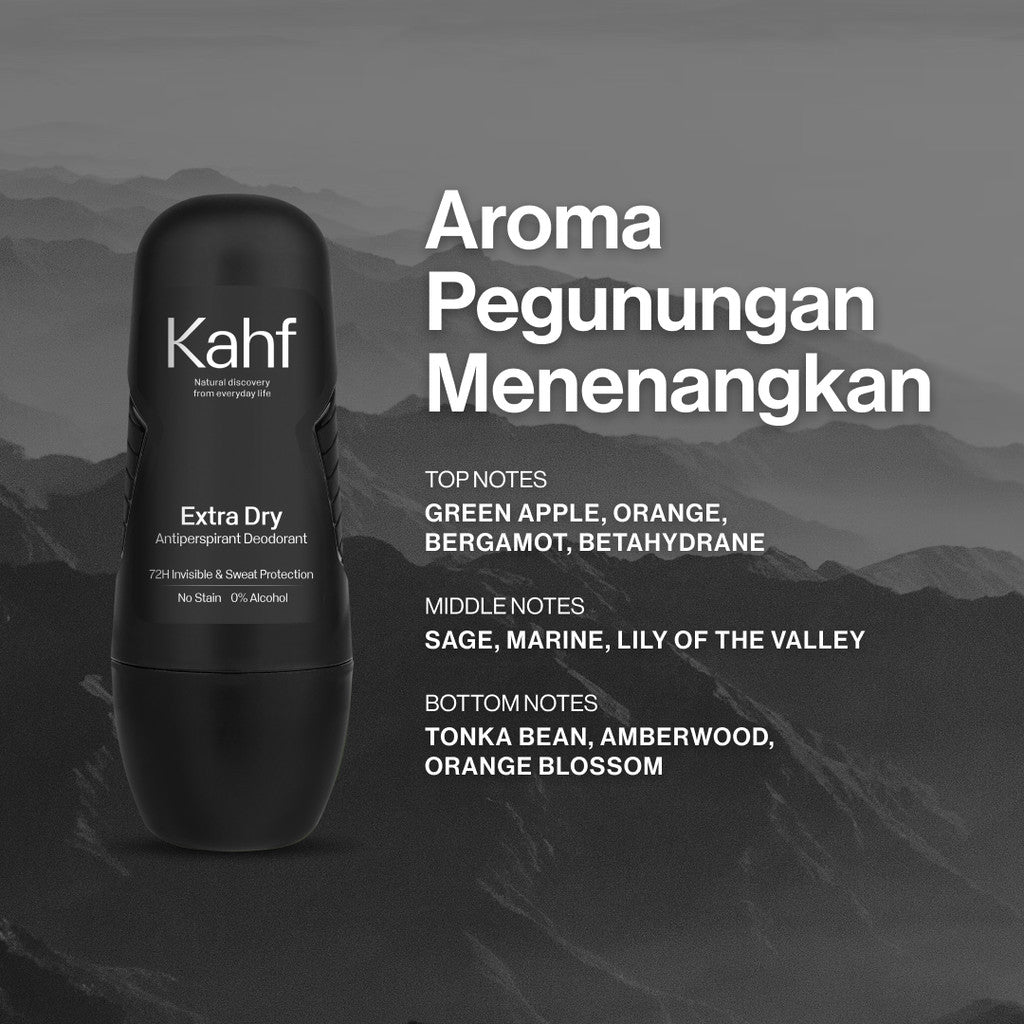 Kahf Extra Dry Antiperspirant Deodorant Roll On 45 ml - Deodoran Pria Memberikan Perlindungan dari Keringat Berlebih, Kering Lebih Lama, Nyaman di Kulit - Deo Anti Iritasi, Bebas Bau, Tahan Keringat, Wangi Seharian - Suitable for Daily Use
