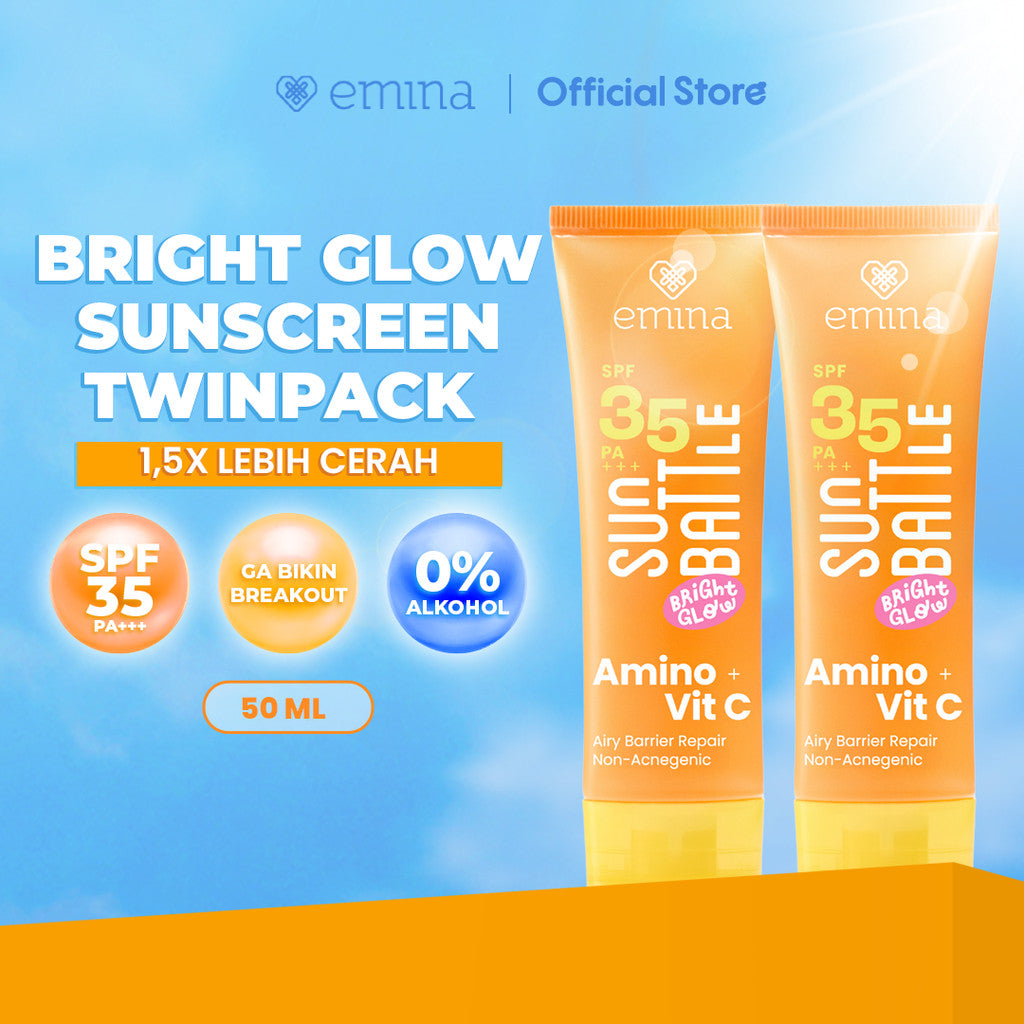 [TWIN PACK] Emina Sun Battle Bright Glow SPF 35 PA+++ 50 ml 2pcs - Paket Dua Sunscreen Serum Amino Vitamin C - Cerah, Ringan, Hydrating [Teruji In Vivo] Non acnegenic & Non Comedogenic. Cocok semua jenis kulit